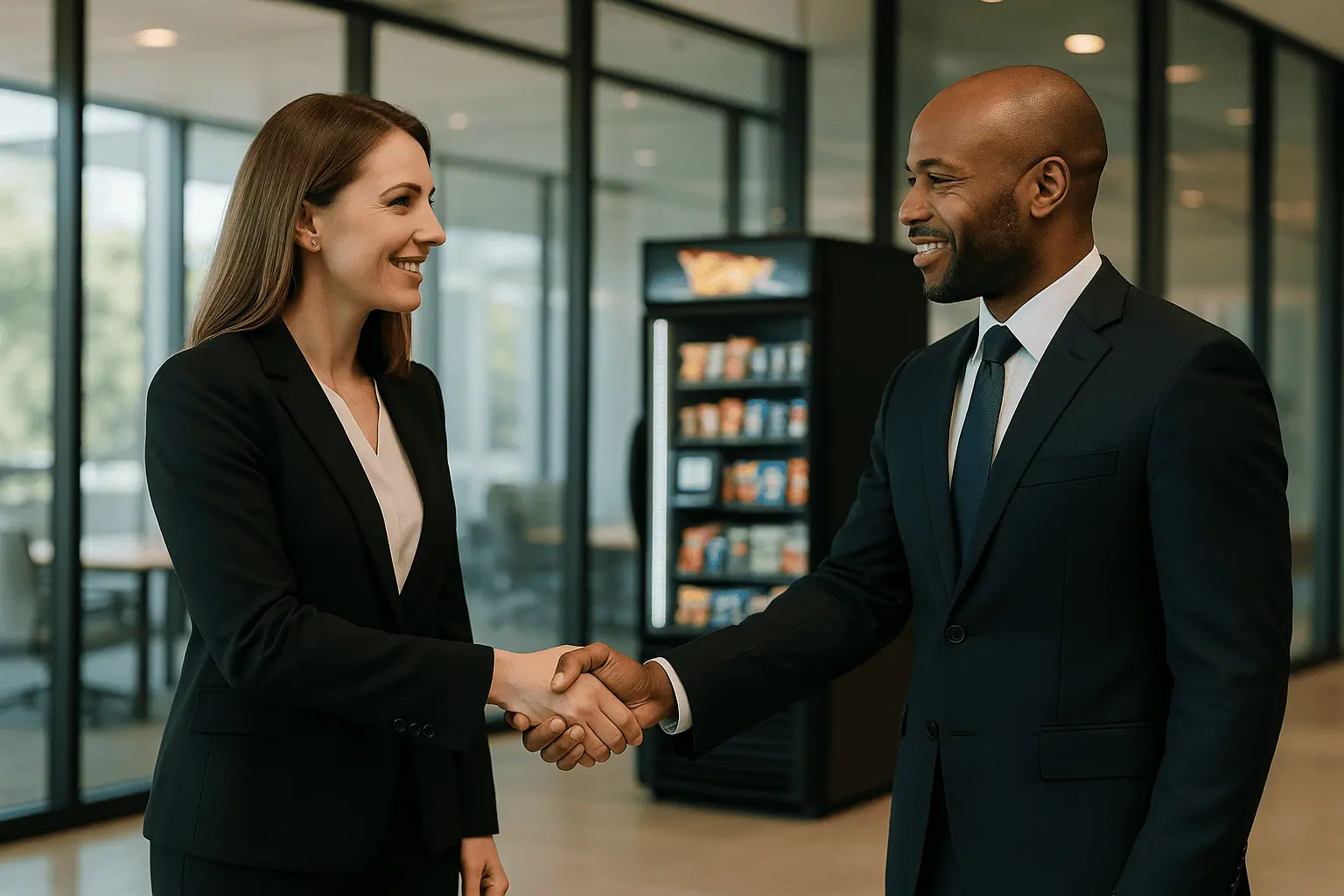 NanoMart.AI corporate partnership showing business executives discussing zero-cost AI vending solutions in modern office environment